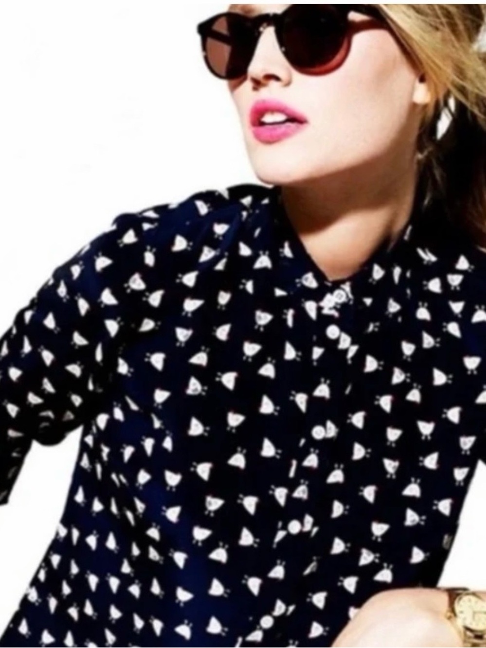 J. Crew 100% Silk Navy Shirt with Cream Bird Print